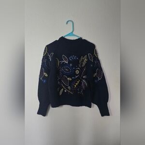 See and Be Seen Embroidered Knit Sweater Small Navy Blue Floral NEW Size Small